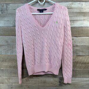 Ralph Lauren Sport Womens Pink Cable Knit V-Neck Cotton Sweater Pony Logo sz L